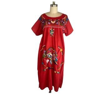 Vintage Red Embroidered Folk Dress Parrot Boho Maxi Modern L/XL